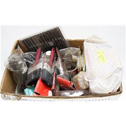BOX OF ASST PAINTING SUPPLIES INCL NEW BRUSHES