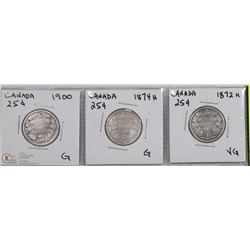 3 CANADIAN 25 CENT SILVER COINS INCL 1900,1874 AND