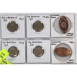 LOT OF 6 US COINS INCL FOUR 5 CENT COINS DATED