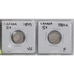 2 CANADIAN 5 CENT SILVER COINS INCL 1899, 1880