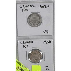 2 CANADIAN TEN CENT SILVER  COINS INCL 1903 1936