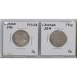 2 CANADIAN 25 CENT SILVER COINS INCL 1902,1910