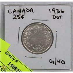 1936 CANADIAN 25 CENT SILVER COIN