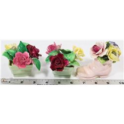 LOT OF 3 BONE CHINA FLOWERS INCL. STAFFORDSHIRE
