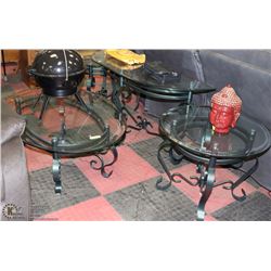 METAL FRAME GLASS TOP COFFEE TABLE W/ MATCHING