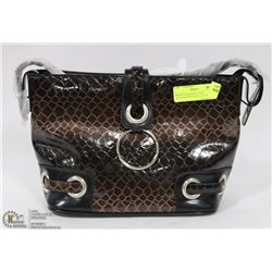 BROWN SNAKESKIN STYLE HANDBAG WITH CIRCLE CLOSURE