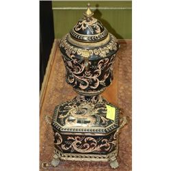 DECORATIVE GOLD TONE URN WITH LID AND TRINKET BOX