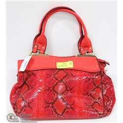 RED SNAKESKIN STYLE WITH RED TRIM HANDBAG WITH