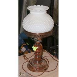 VINTAGE MILK GLASS AND WOOD TABLE LAMP