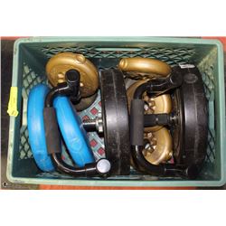 BIN OF WEIGHTS AND PUSHUP HANDLES