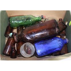 BOX OF VINTAGE POP AND MEDICINE BOTTLES