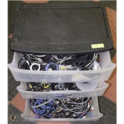 3 DRAWER BIN WITH CASTERS FULL OF AUDIO, VIDEO,