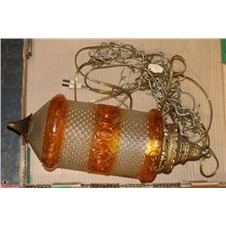VINTAGE HANGING LIGHT W/ AMBER COLORED GLASS &