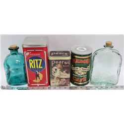 ESTATE LOT OF VINTAGE TINS AND GLASSWARE