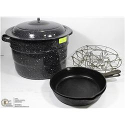 2 LARGE CAST IRON FRYING PANS AND LARGE CANNER