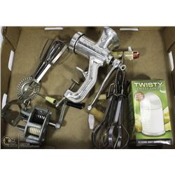 LOT OF MEAT GRINDERS, VINTAGE BEATER AND MORE