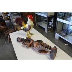 CARVED WOOD FIGURE AND PAPER MACHE CHICKEN