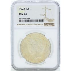 1922 $1 Peace Silver Dollar Coin NGC MS63