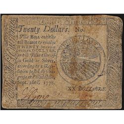 September 26, 1778 $20 Continental Currency Note