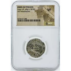 58 BC Indo Scythians Azes I/II AR Tetradrachm Coin NGC VF
