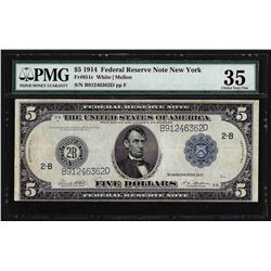 1914 $5 Federal Reserve Note New York PMG Choice Very Fine 35