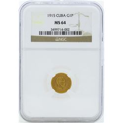 1915 Cuba Un Peso Gold Coin NGC MS64