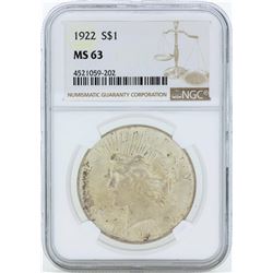 1922 $1 Peace Silver Dollar Coin NGC MS63