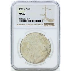 1923 $1 Peace Silver Dollar Coin NGC MS63
