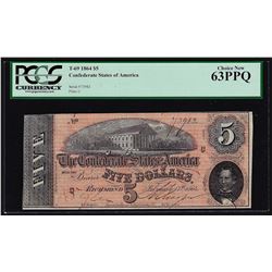 1864 $5 Confederate States of America Note PCGS Choice New 63PPQ