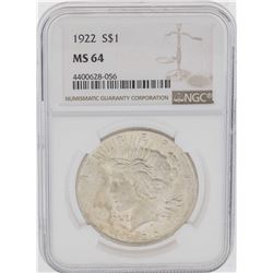 1922 $1 Peace Silver Dollar Coin NGC MS64