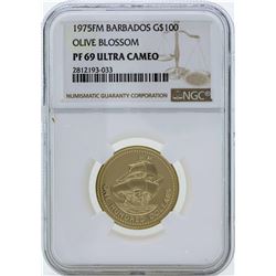 1975 $100 Barbados Olive Blossom Gold Coin NGC PF69 Ultra Cameo