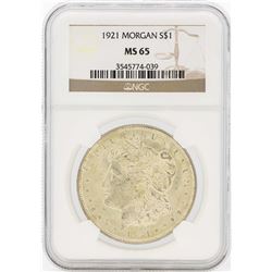 1921 $1 Morgan Silver Dollar Coin NGC MS65