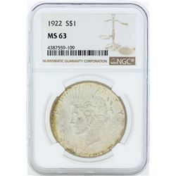 1922 $1 Peace Silver Dollar Coin NGC MS63