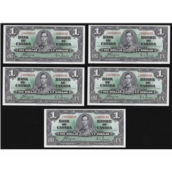 Lot of (5) Consecutive 1937 $1 Bank of Canada Notes