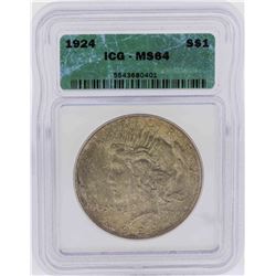 1924 $1 Peace Silver Dollar Coin ICG MS64