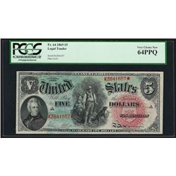 1869 $5 Legal Tender Rainbow Woodchopper Note PCGS Very Choice New 64PPQ