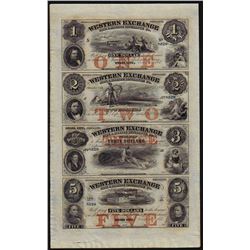 1857 $1-$2-$3-$5 Uncut Sheet of The Western Exchange Omaha City, Nebraska Obsole
