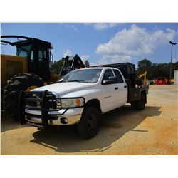 2003 DODGE RAM 3500 FLATBED TRUCK, VIN/SN:3D7MU48623G763472 - CREW CAB, CUMMINS TURBO DIESEL ENG, A/