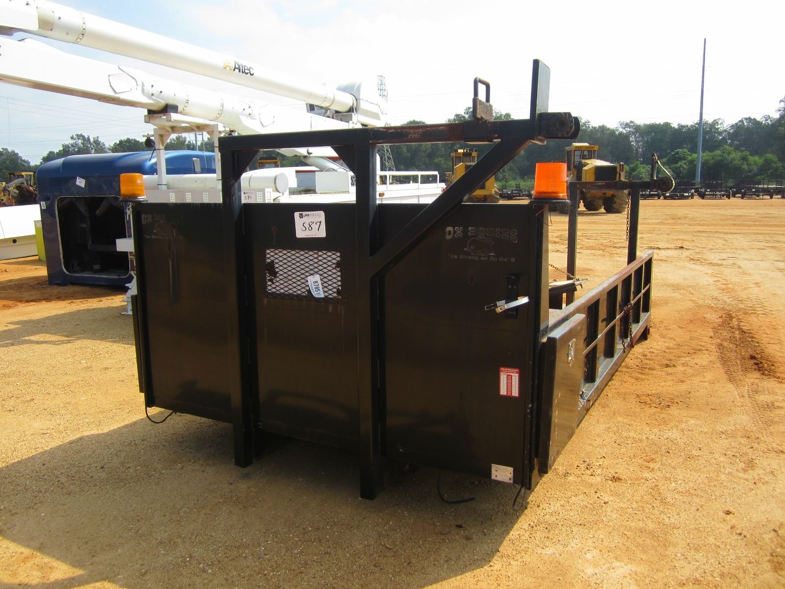 14' OX BODY FLATBED W/ MATERIAL RACK AND STORAGE BOXES