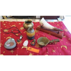 Misc. Lot: Horn, Hooked Pendant, Jeweled Brass Cup w/Handle, Brass Urns, Painted Rock, etc.