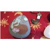 Image 8 : Misc. Lot: Horn, Hooked Pendant, Jeweled Brass Cup w/Handle, Brass Urns, Painted Rock, etc.