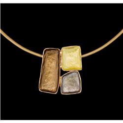 Tri Color Rectangle Pendant Necklace - Rose Gold Plated