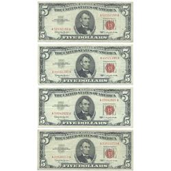 1963 $5 Fine Red Seal Bill Lot of 4