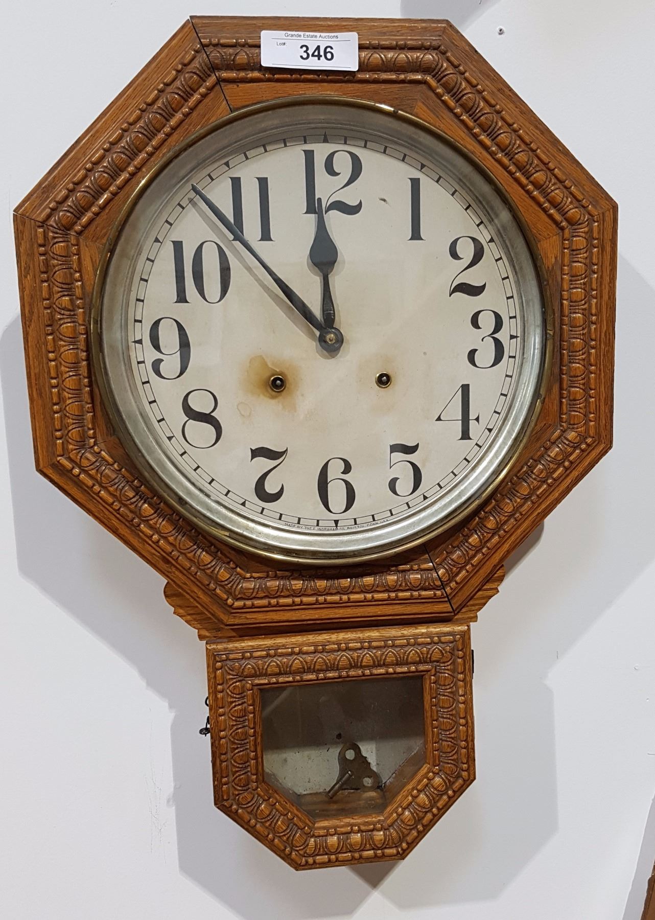 INGRAHAM CARVED OAK CASED WALL CLOCK HAS KEY NO PENDULUM