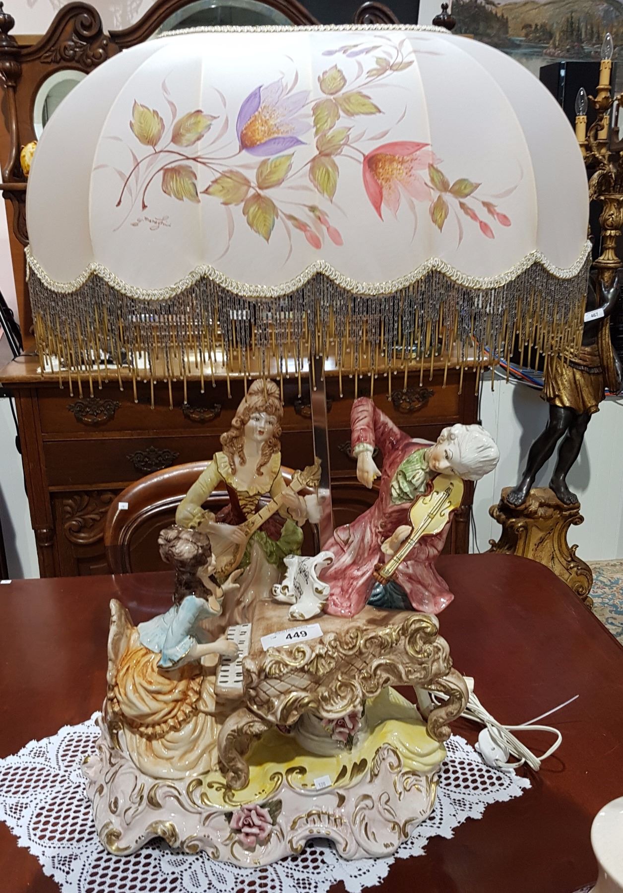 LARGE CAPODIMONTE STYLE FIGURAL LAMP W/SIGNED SHADE
