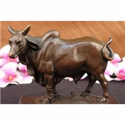 Cow Humped Cattle Bronze Sculpture on Marble Base Figurine