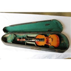 ANTIQUE WOOD VIOLIN BOX AND TIN VIOLIN