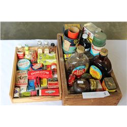 TWO WOOD TRAYS OF VINTAGE BOTTLES AND CONTAINERS