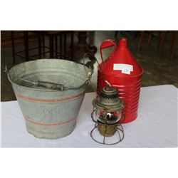 TIN BUCKET AND RED CAN AND LANTERN