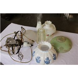TWO BOXES OF VINTAGE GLASS LAMP SHADES AND LAMP